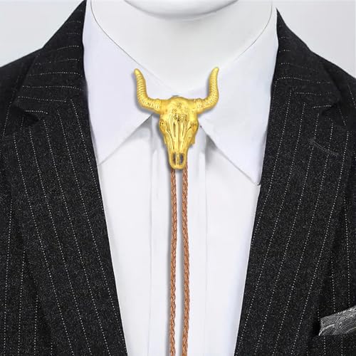 Image of GelConnie Longhorn Bull Bolo Tie for Men Native American Western Cowboy Leather Necktie Bolo Necklace for Women Gold Texas