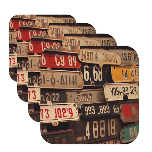 Set di 4 sottobicchieri quadrati, in pelle PU per bevande, tavolino da caffè, vecchia targa, per la protezione del tavolo, decorazione per la casa