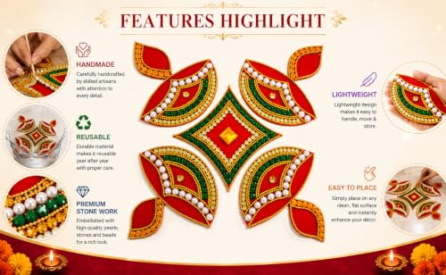 Image of 078 Red Designer Handcrafted Decorative Diwali Rearrangable Kundan Rangoli for Floor Decoration Set of 5pcs,Plastic