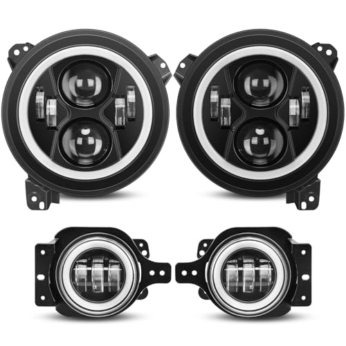 SUPAREE DOT Round LED Headlights and Fog Lights Combo Compatible with 2018-2025 Jeep Wrangler JL JLU Unlimited Gladiator JT Accessories DRL Hi/Lo Beam Halo Ring 9inch Front Head and 4inch Fog Lights