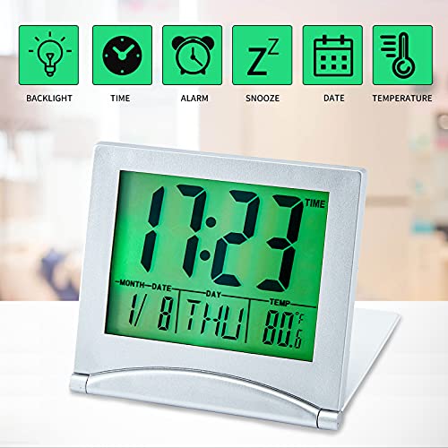 Image of KANBIT Small Digital Travel Alarm Clock Battery Operated, Portable LCD Large Display Alarm Clock with Backlight, Temperature Desk Clock -Silver(Green Light)