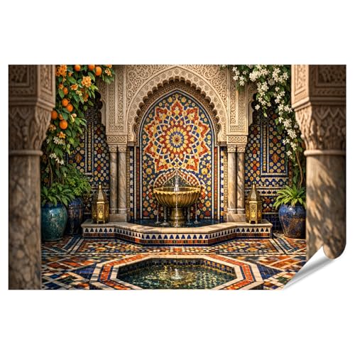 islandburner Poster oriental de qualité supérieure avec fontaine et motif carrelage - Grand format