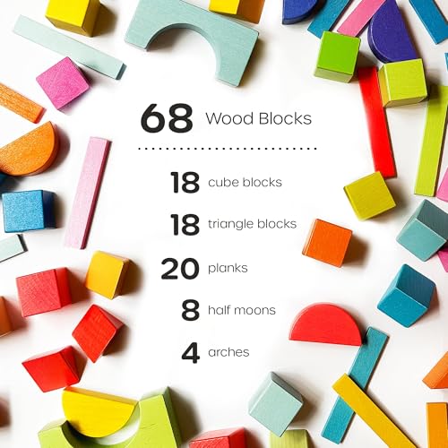 Image of Quiggly Montessori Wooden Rainbow Building Blocks - 68 Pc STEM Toy Set | Storage box with carry handles, ages 12-48 months