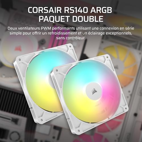 CORSAIR RS140 ARGB 140mm Ventilateurs PWM – Connexion Daisy-Chain – Faible Bruit – Roulement à Dôme Magnétique – Paquet Double – Blanc