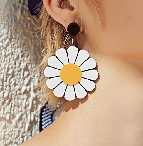 YOOE Acrylic Big Daisy Flower Dangle Earring. Exaggeration White Daisy Eardrop, Geometric Circle Semicircle Sun Flower Dangler Earring2