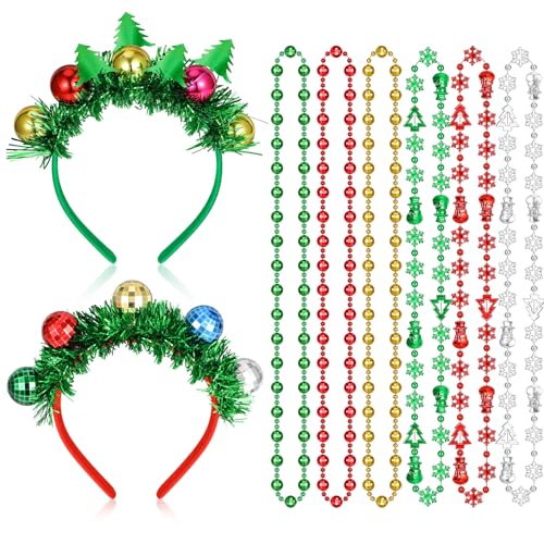 8PCS Accesorios Navidad, 2PCS Diadema Navidad con Bolas 6PCS Collar Navidad de Cuentas, Diademas de Navidad Collares de Navidad Complementos Navideños para Niños y Adultos para Fiesta Navidad Disfraz