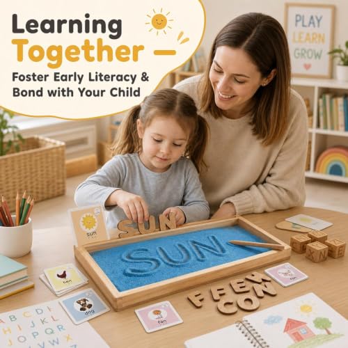 Image of Tantrums Wooden Alphabet Montessori Educational Toy | Sensory Play & Learn Kit | CVC Flash Cards, Movable Letters, Writing Tray | Early Literacy | Ages 3+ (Blue)