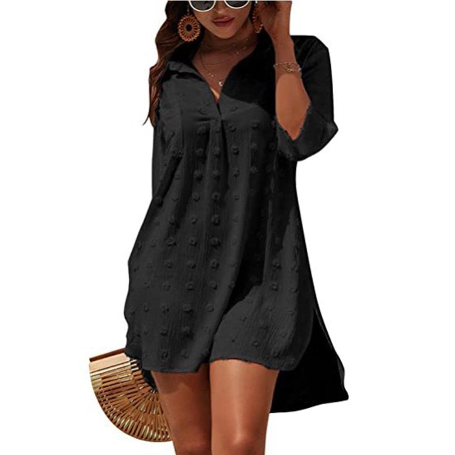 TBSCWYF Camisa Suelto de Bikini Casual Camisetas Mujer Manga Larga Cuello en V Blusas para Mujer Mujer Ropa de Baño Playa Traje de Baño Vestido de Bikini Camisolas y Pareos