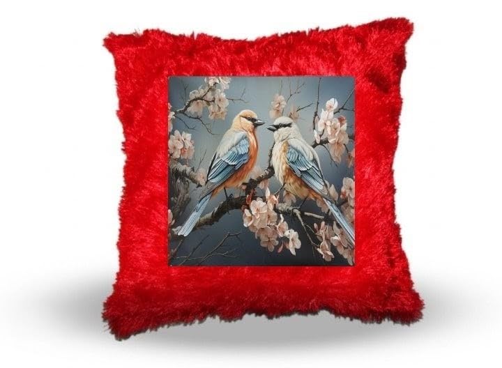 Fluffy Cushion Cover with Bird Print, Red Faux Fur | Decorative Throw Pillow, Floral Bird Design, Soft Fur Texture, Home Decor, Vibrant Red Colour-image-2
