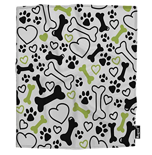 Mugod Dog Pattern Blanket Puppy Bones Hearts Paw Trace Footprint Green Black White Fuzzy Soft Warm Flannel Throw Blankets for Boys Girls Dog Cat Home Couch Outdoor Travel Use 40W x 50H Inch