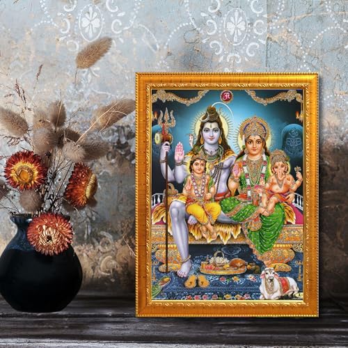 Image of Shiv Parivar Religious Wood Wall Mount Rectangular Photo Frame With Acrylic Glass