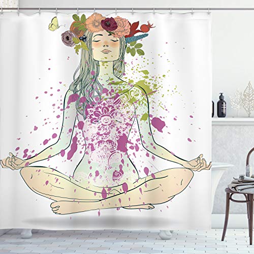 ABAKUHAUS Yoga Duschvorhang, Mädchen mit Blumenkranz Lotus, Stoffliches Gewebe Badezimmerdekorationsset mit Haken, 175 x 240 cm, Lila Mehrfarbig