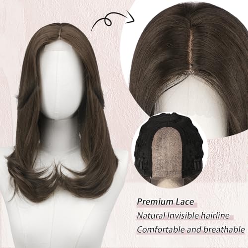 Image of FESHFEN Lace Front Hairline Wigs with Bangs, Synthetic Natural Looking Long Layered Straight Hair Wig for Women Daily Party Costume, 18 inch Medium Brown