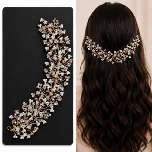 Image of Samyak Crystal Pearl Hair Tiara Vine Hair Headband Headdress Hair Jewellery For Women | Hair Pin | Bun | Hair Accessory For Bridal Wedding Bridesmaid, Pink, Pack of 1