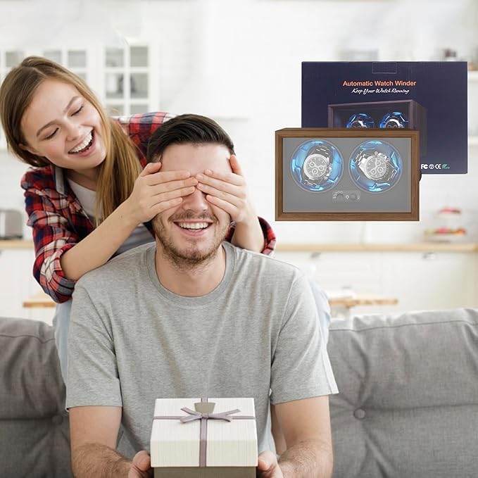 Image of Bequest Dual Watch Winders for Automatic Watches, Double Watch Winder Box for Rolex,4 Rotation Mode Setting,Blue Light,Elastic Watch Pillows for Lady and Man Watches, Brown, Business, High-end,Brown,