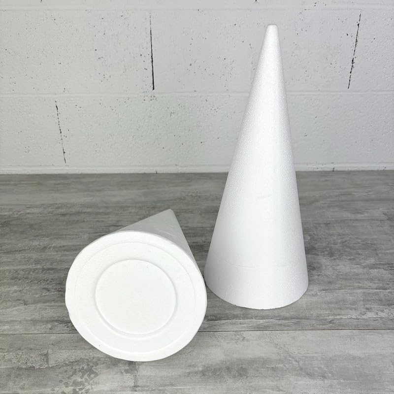 Lot de 2 cônes avec Quelques impacts mineurs en polystyrène Plein, 40 cm de Haut, avec IMPACTS, Base 18 cm, Styro Blanc