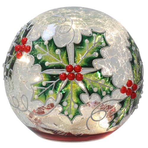 Shudehill Giftware Xmas Crackle Glass LED Lights Holly, Robins & Christmas Tree Designs Tubes & Balls Battery Operated Festive Decorations (Holly Height 17x Width 17x Depth 17cm)