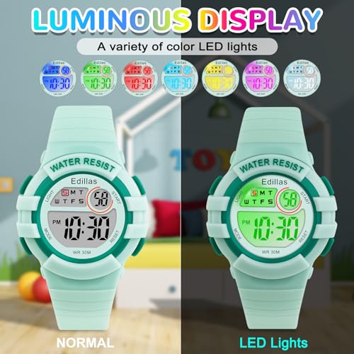 Image of Edillas Kids Watches Digital Girls Boys, 7 Colors Light Wrist Watch for Child Waterproof Sport Outdoor Multifunctional Wristwatches with Stopwatch /Alarm for Ages 4-15