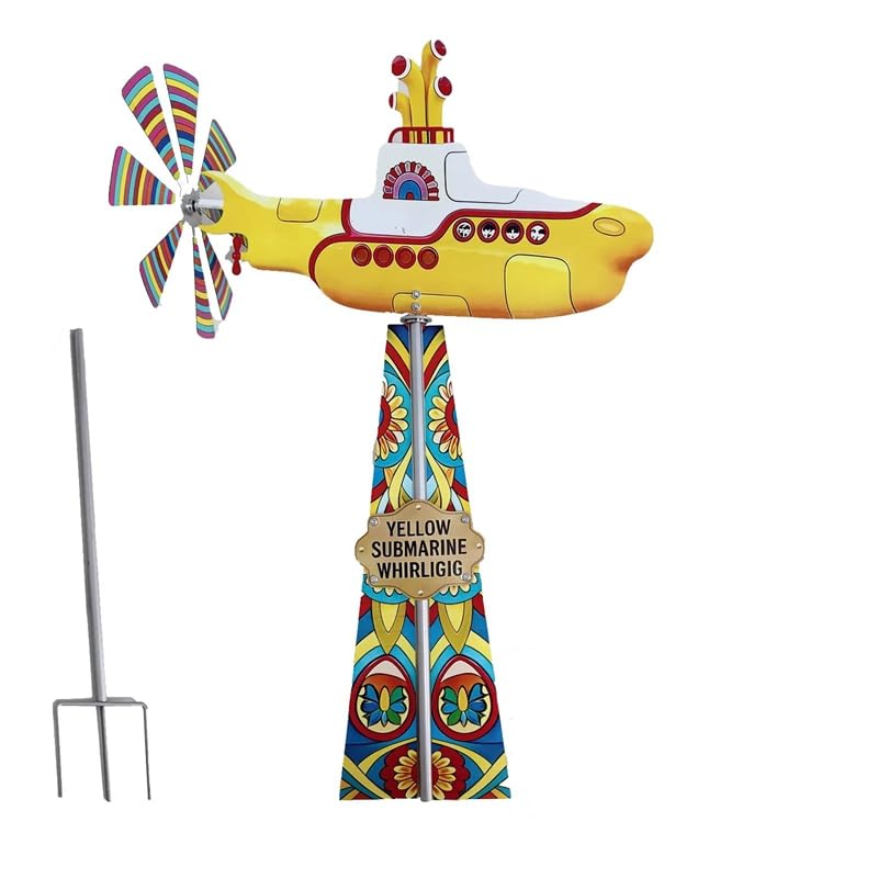 2D Submarine Wind Spinner Multi-Purpose Rotating Submarines Yard Spinners Motion Art Winds Sculpture for Patio Lawn Flower Bed (Yellow Windmill)