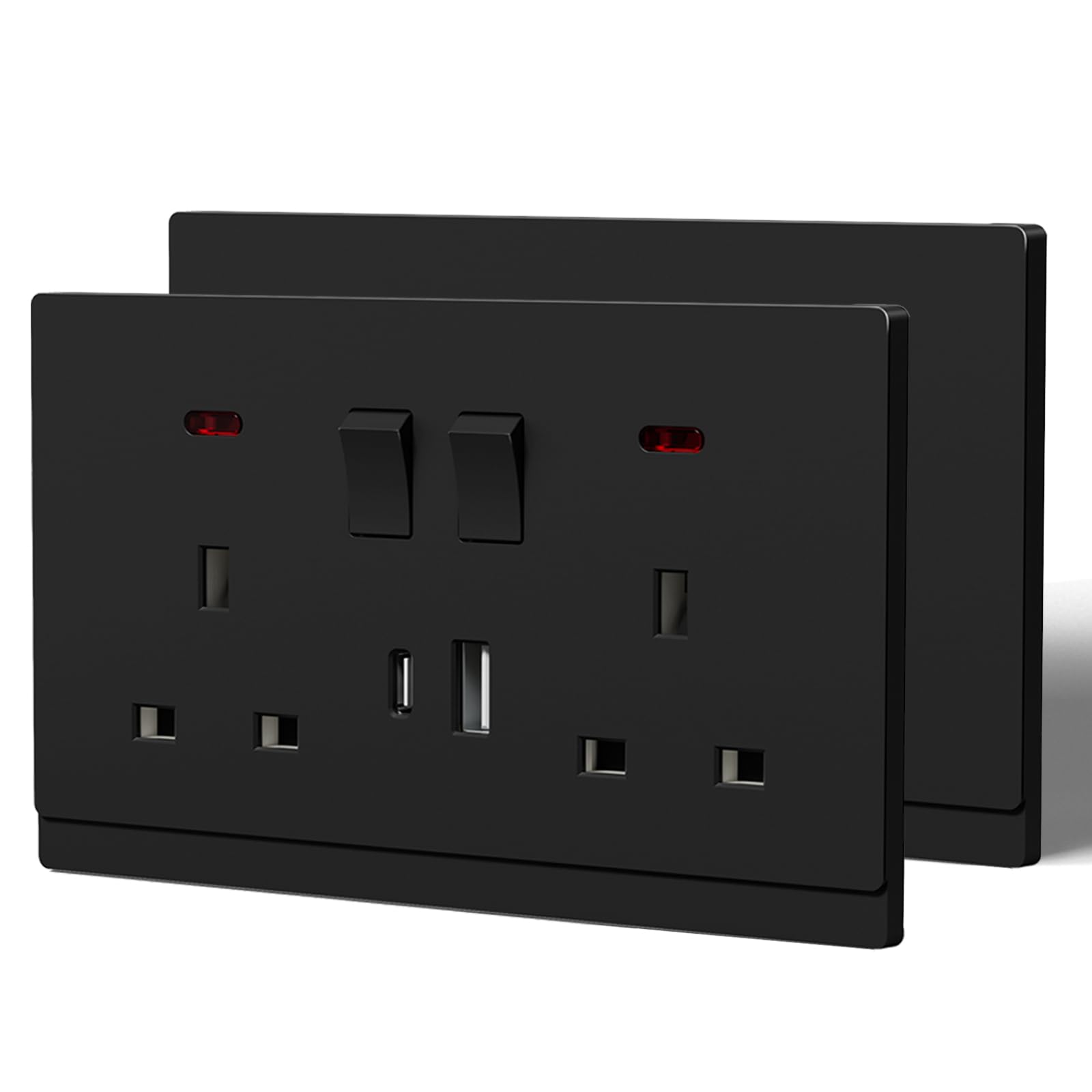 BSEED Double Socket with USB C,Tactile Finish Switched Wall Sockets,13A Electric Power Outlet,Individual Control & LED Indicator,Designer Wall Plate,Double-2 Pack,146mm Black