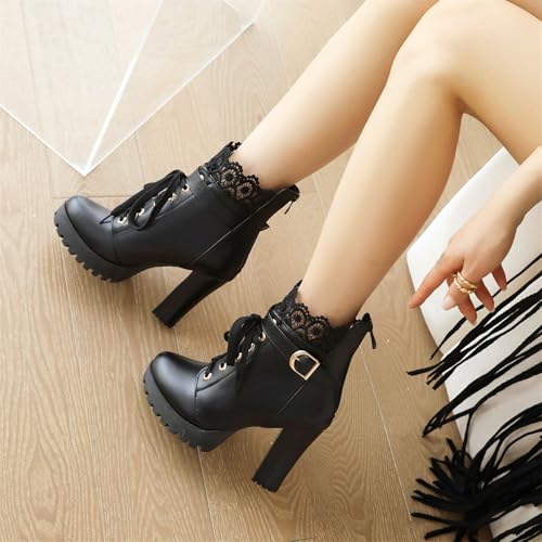 Image of FOREADA Goth Boots Chunky Heel Boot For Women Ankle Combat Booties Black Platform Bootie Buckle Rivets Punk Goth Shoes With Zipper