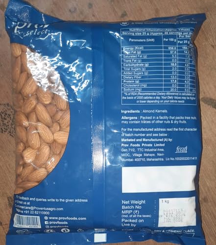 Image of ProV Select - Almonds 1kg|Value Pack|Raw Badam Dry Fruit | High Protein Snack and Super Healthy Nuts | Amazing Quality Almond | Sourced from California | Crunchy & Tasty |