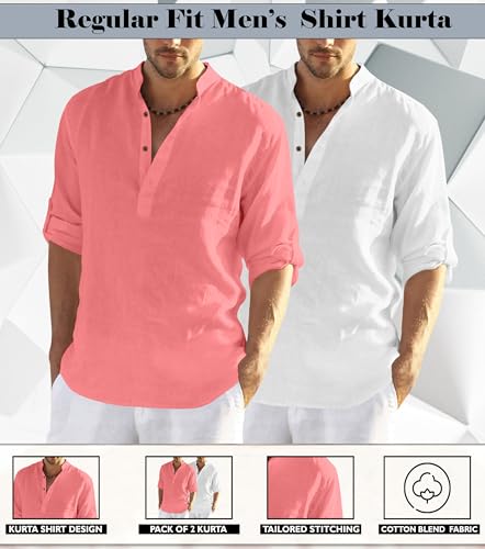 Image of Zombom Men's Combo Cotton Polyester Blend Solid Full Sleeve Straight Regular Fit Mandarin /Chinese Collor Kurta (Pack of 2)