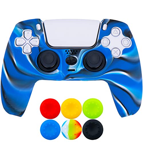 9CDeer 1 x Silicona Protector Cubrir Piel + 6 Apretones de Pulgar para PlayStation 5 / PS5 Mando Camuflaje Azul