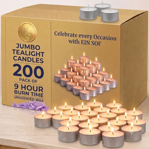 Image of Ein Sof Set of 200 Pcs Tea Lights for Home Decor - 9 Hours Burning Time, White, Non Scented, Jumbo Wax Tealight with Long Wick, Candle Light Dinner Birthday Decoration & Bedroom Diffuser T Lamp