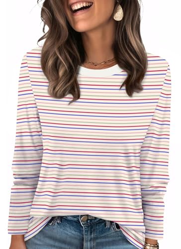 Long Sleeve Shirts for Women Striped Color Block Business Casual Tops Womens Early Fall Fashion 2025 Blouses Striped Tees Tshirts Cute Work School Outfits Teachers Trendy Clothes Winter Clothing M