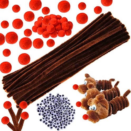 400 Pièces Fils chenilles Set,100 Pièces Cure Pipes Marron,150 Pièces Bring Pompon Rouge,150 Pièces Yeux Auto-Adhésifs,Pour L'artisanat de Bricolage Fait à La Main, L'artisanat D'ornements de Renne Cover