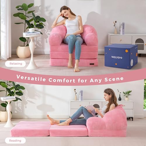 Image of MAXYOYO Folding Sofa Bed, Floral-Shaped Convertible Floor Sofa Couch with Backrest, 2 in 1 Comfy Lounger Bean Bag Chair with Handle, Floor Single Couch for Living Room Bedroom, Pink