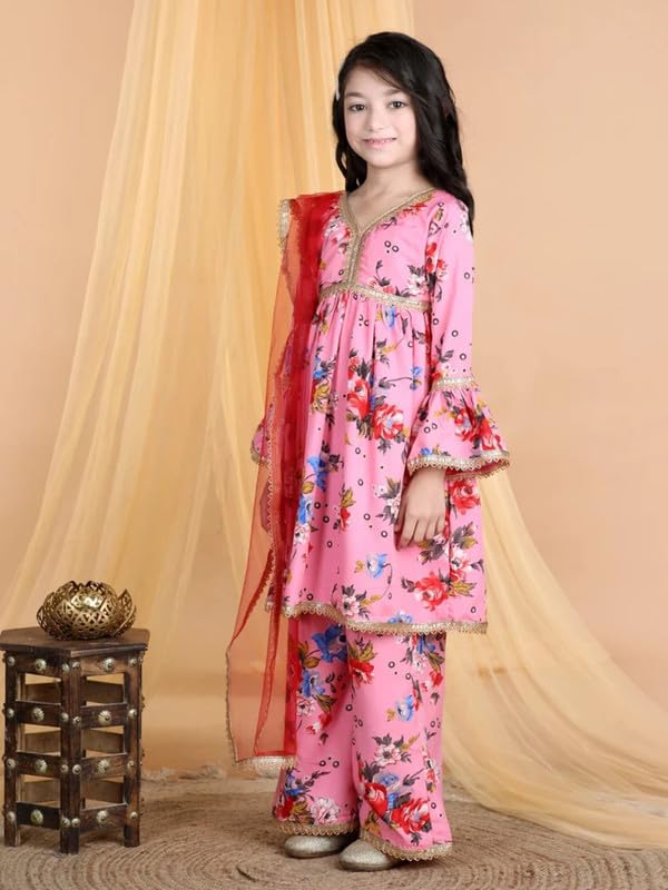 Image of Amazon Brand - Anarva Pink Floral Girls Ethnic Kurta Set with Dupatta, Lehenga Choli Wear Traditional Outfit, Festive Dress for Kids