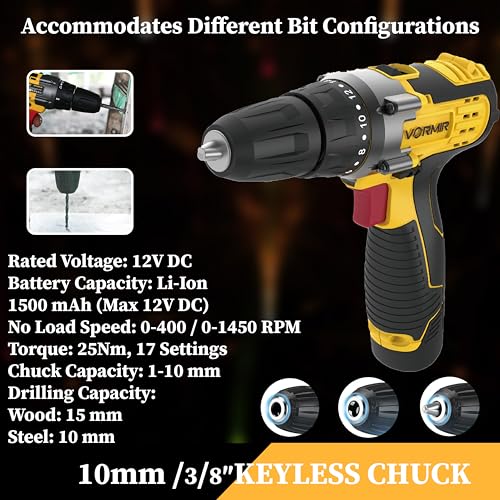 Image of IBELL VORMIR Cordless Drill Driver,12V, 0-400 /0-1450 rpm, 25Nm Torque, 10 mm Chuck,1500mAh Li-Ion, Fast Charger, Compact Design, 6 months warranty