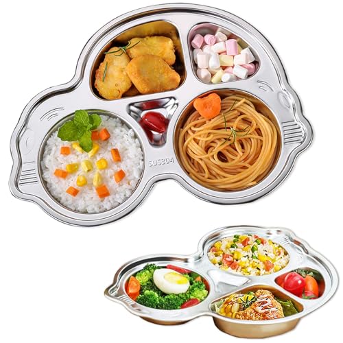 Stainless Steel Plate Divided Meal Tray Sections Dinner Dish for Babies, Toddlers and Kids Eating Food Car Shape BPA-Free Safe Fun Non-Toxic Heavy Duty (Silver 2 Pack)
