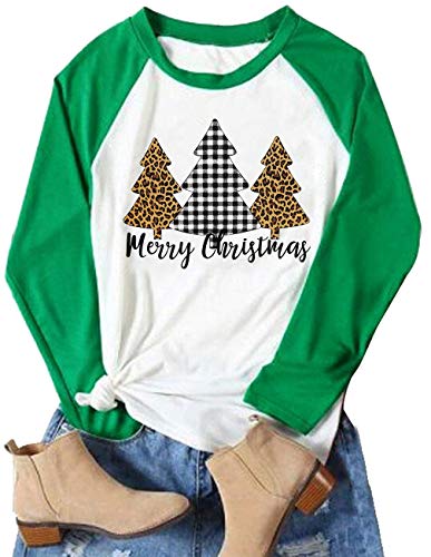 Plus Size Merry Christmas Plaid Leopard Printed Tree Baseball T Shirt Women 3/4 Sleeve Splicing Blouse Tops Green