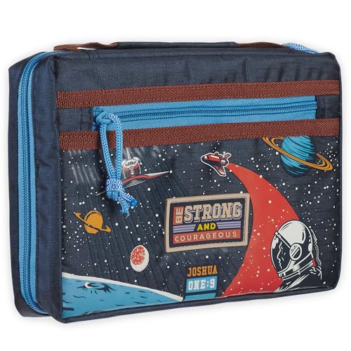 Christian Art Gifts Fashion Polyester Bible Cover for Boys & Girls: Be Strong Inspirational Scripture Blue Multicolor Outer Space Travel Theme Sturdy Pockets Zippered Pen Loops Easy Carry Small