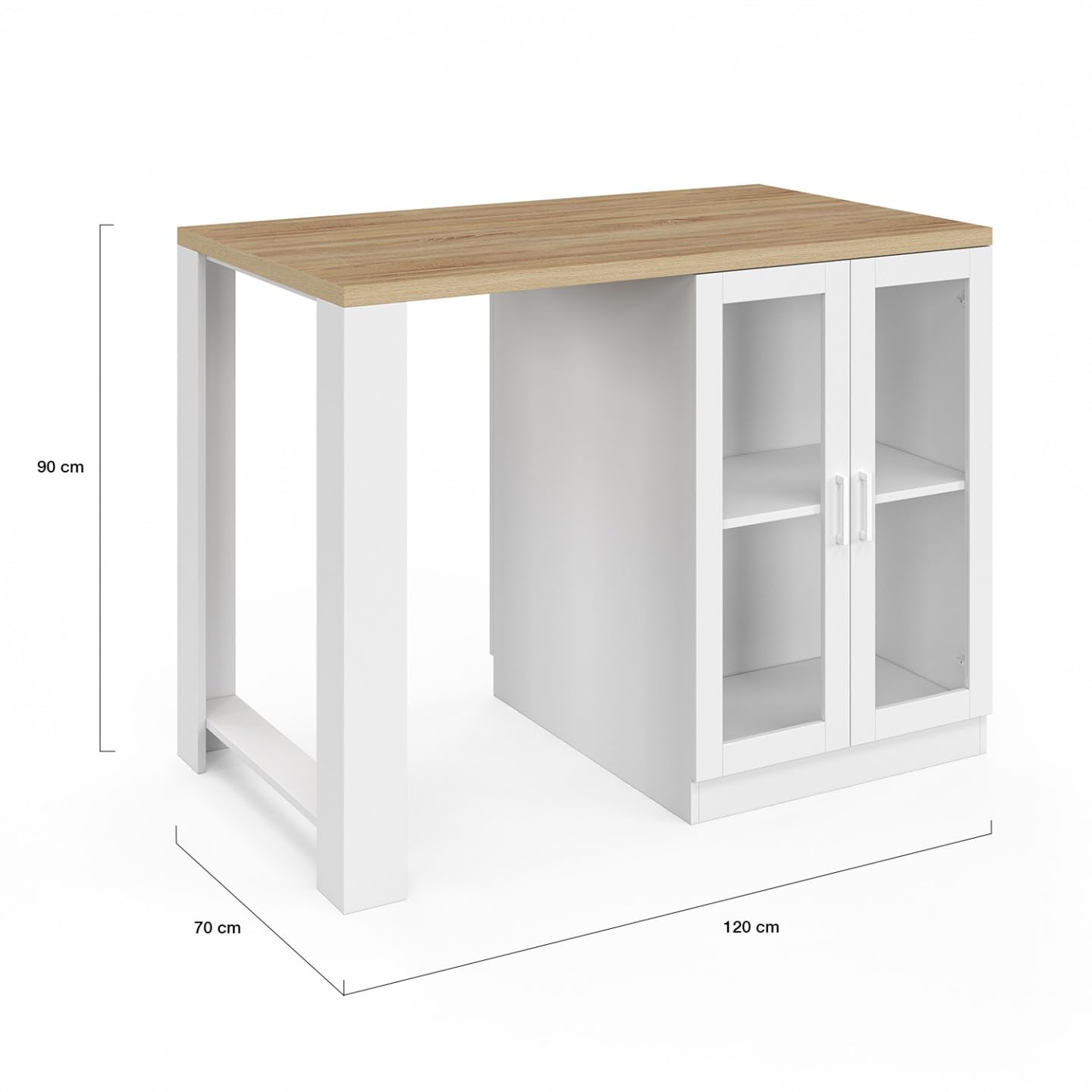 IDMarket - Ilot Central Lino 120 cm 2 Personnes Bois Blanc et Plan de Travail façon hêtre et Portes vitrées