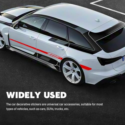 Image of 2PCS Car Side Skirt Decals, Auto Body Large Stickers, Waterproof PVC Racing Long Stripes Personalized Stickers, Car Stripe Stickers Decor Racing Accessories for Cars Trucks SUVs (Red)