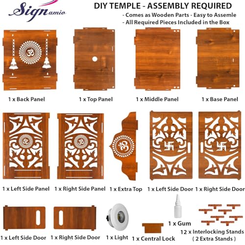 Image of SIGNAMIO Mandir for Home with Door & LED Light | Wooden MDF Pooja Temple | Temple for Home with Door | Wall Mounted Hanging Home Temple with Storage Drawer
