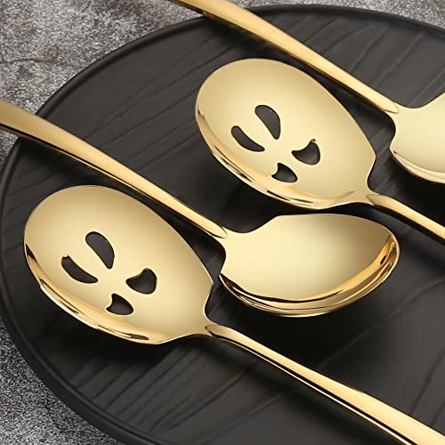 Stainless Steel Serving Spoon X 3, Slotted Serving Spoon X 3, 9.14 Inches Large Serving Utensils Set Of 6 For Catering, Dishwasher Safe (Gold) #TOP1