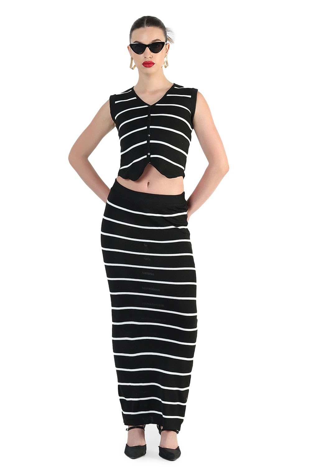 showoffff Edition Women's Striped Black Crop Top with Skirt Co-Ords-CHN-24090_Black-P-picture-48