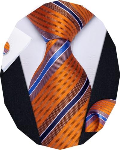 Image of YourTies Orange Ties for Men Striped Tie Woven Silk Necktie Handkerchief Cufflinks Set Formal Business Party Wedding