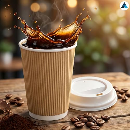 Nationwide Paper Coffee Cups with Lids 12oz Disposable Triple Walled Ripple Cups Brown - 100 Pcs - Image 6