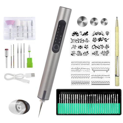 Mini Cordless Engraving Pen with LED Light 3-Speed Precision Etching Tool for Metal Wood Plastic Ceramic USB-C Rechargeable 35 Accessories and 16 Stencils
