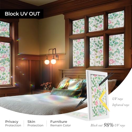 ADD.HERES Window Privacy Film, Stained Glass Decorative Static Cling, Removable Laser Sun Blocking Vinyl Covering,Window Film for Home Kitchen Living Room, Rose Garden, 17.3" x 78.7"
