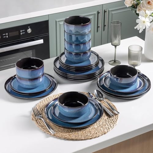 Image of LERATIO Ceramic Dinnerware Sets for 12, 36 Pieces Plates and Bowls Sets, Reactive Glaze Dishes -Scratch Resistant, Dishwasher&Microwave Safe&Oven Safe-Blue