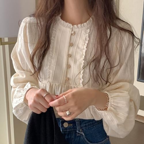Korean Version of Women's Shirt, Women's Sweet Round Neck Pleated Small lace top, Women's Long Sleeved Shirt top3
