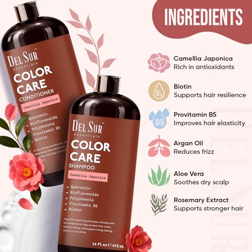 Image of DEL SUR Color Safe Shampoo and Conditioner Set for Color Treated Hair | Camellia Japonica, Quercetin & Biotin | Anti-Frizz & Hydrating | 16 fl oz Each