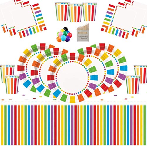 Rainbow Party Kids Birthday Decoration-Rainbow Plates Tazas Servilletas Cubiertas de Mesa Globos Gratis y lápices de Colores variados-16 Invitados
